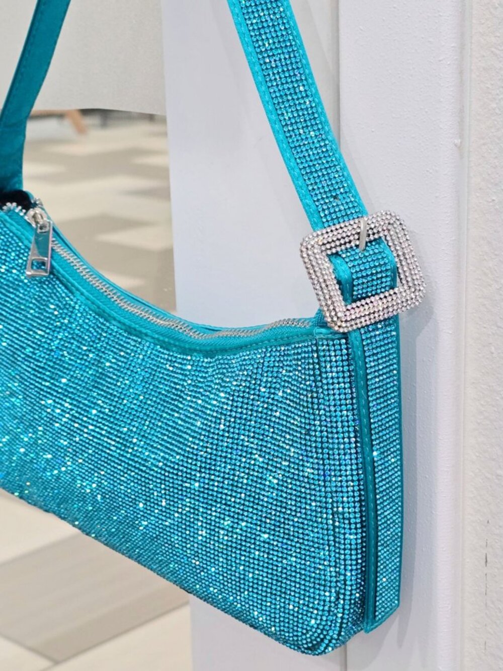 Poster Grl ✦ Aqua Rhinestone Shoulder Bag ✦ Adjustable Belt Strap Sparkling NWT - Picture 5 of 13